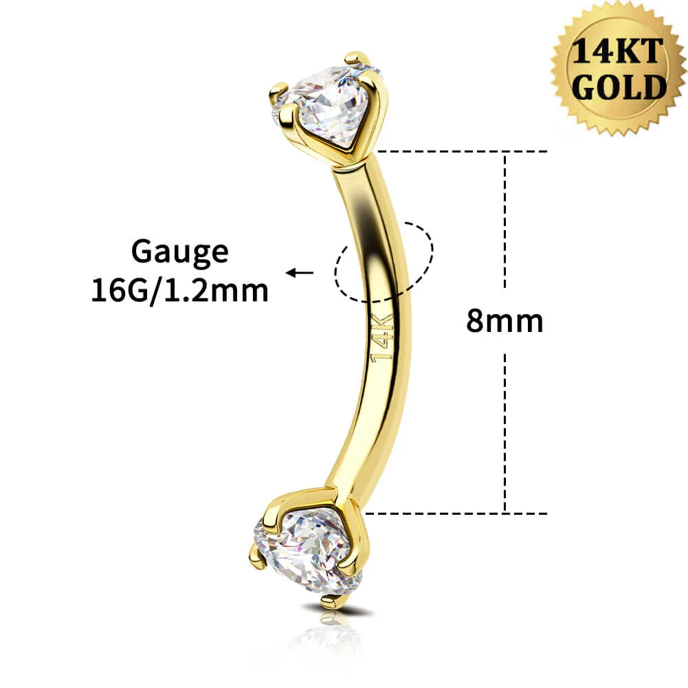 14K Gold 16G Clear CZ Eyebrow Ring Internally Threaded Rook Piercing