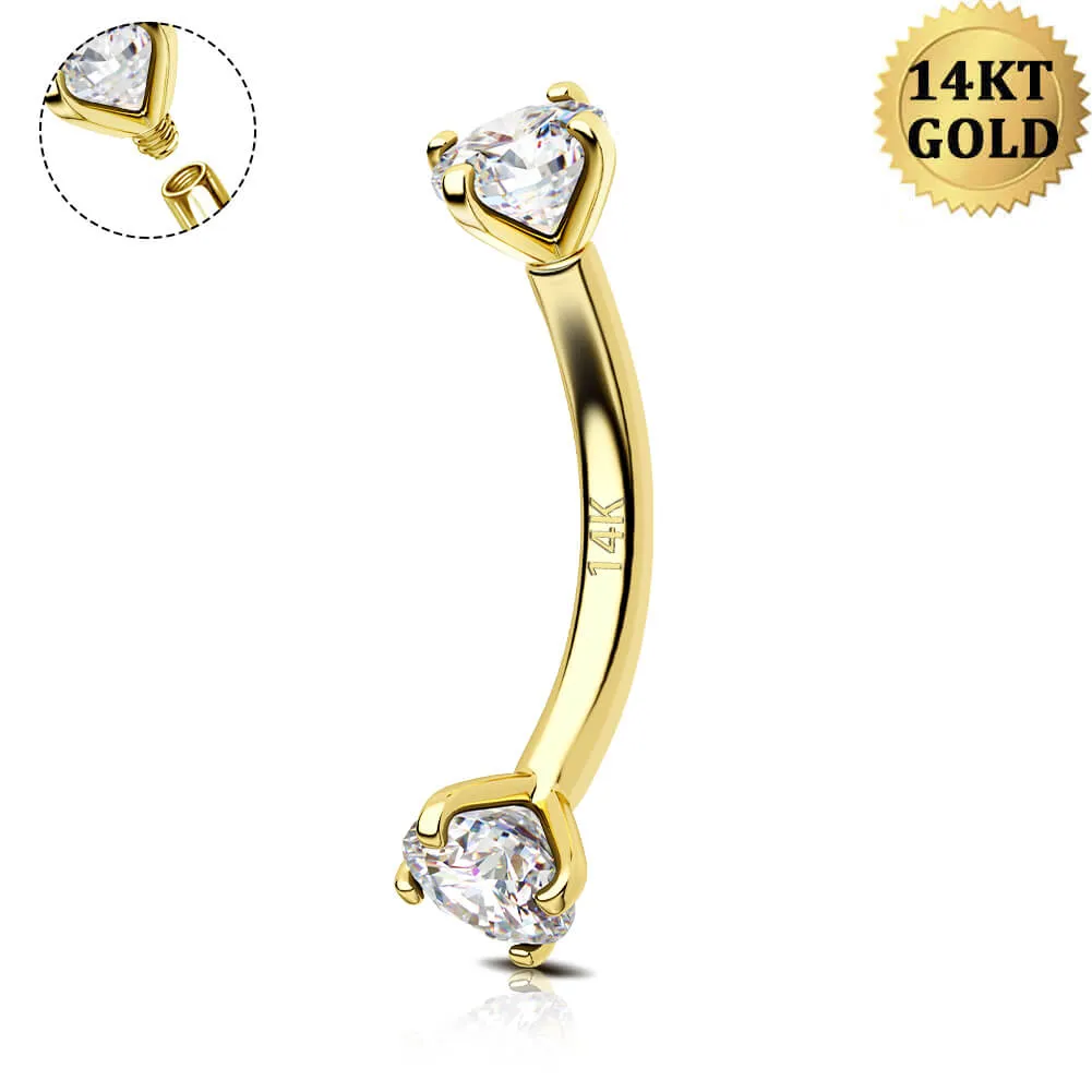 14K Gold 16G Clear CZ Eyebrow Ring Internally Threaded Rook Piercing