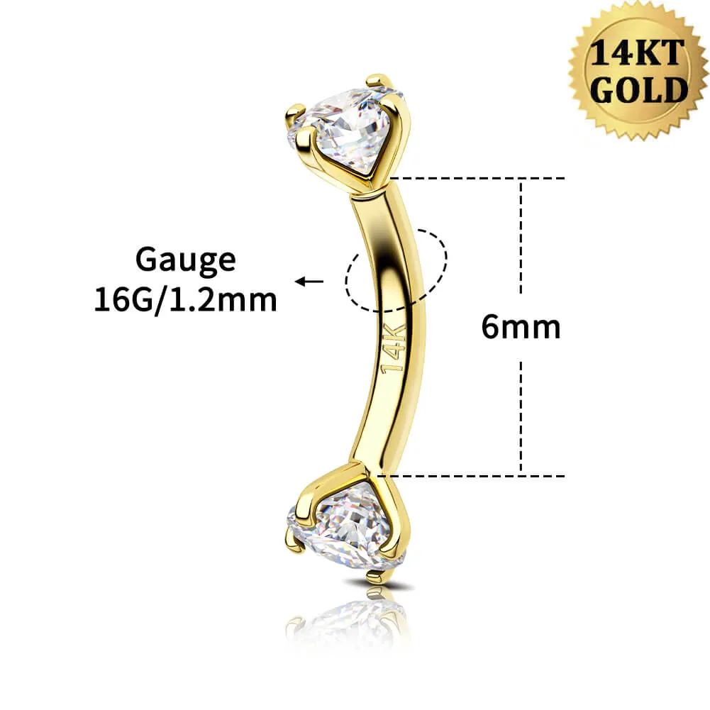 14K Gold 16G Clear CZ Eyebrow Ring Internally Threaded Rook Piercing