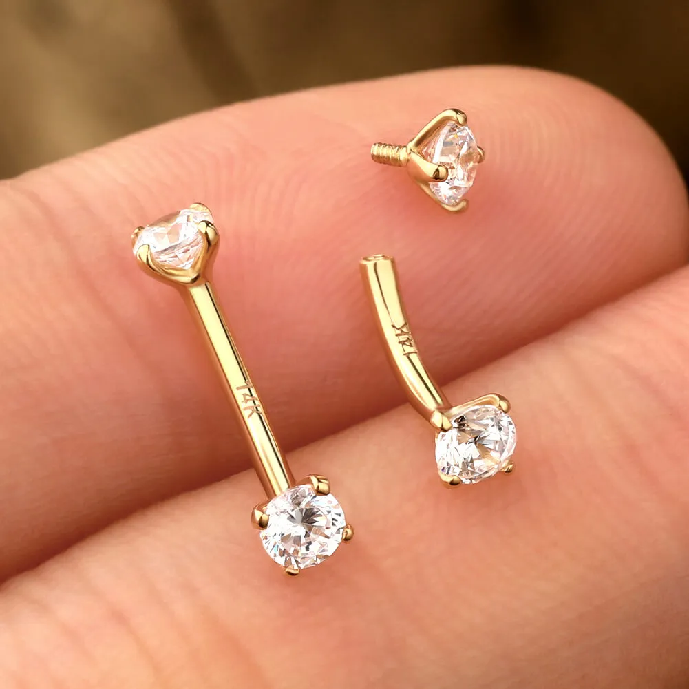 14K Gold 16G Clear CZ Eyebrow Ring Internally Threaded Rook Piercing
