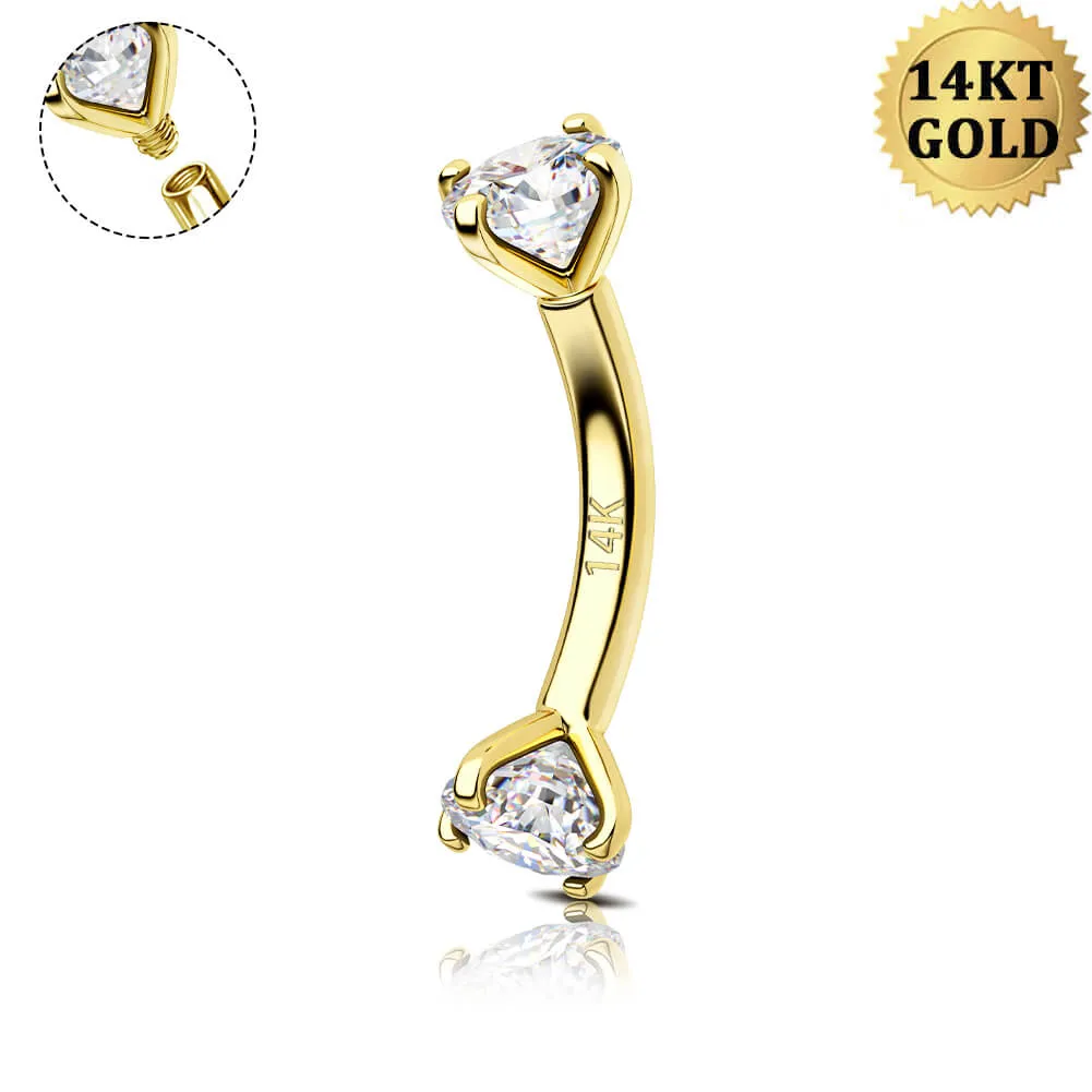 14K Gold 16G Clear CZ Eyebrow Ring Internally Threaded Rook Piercing
