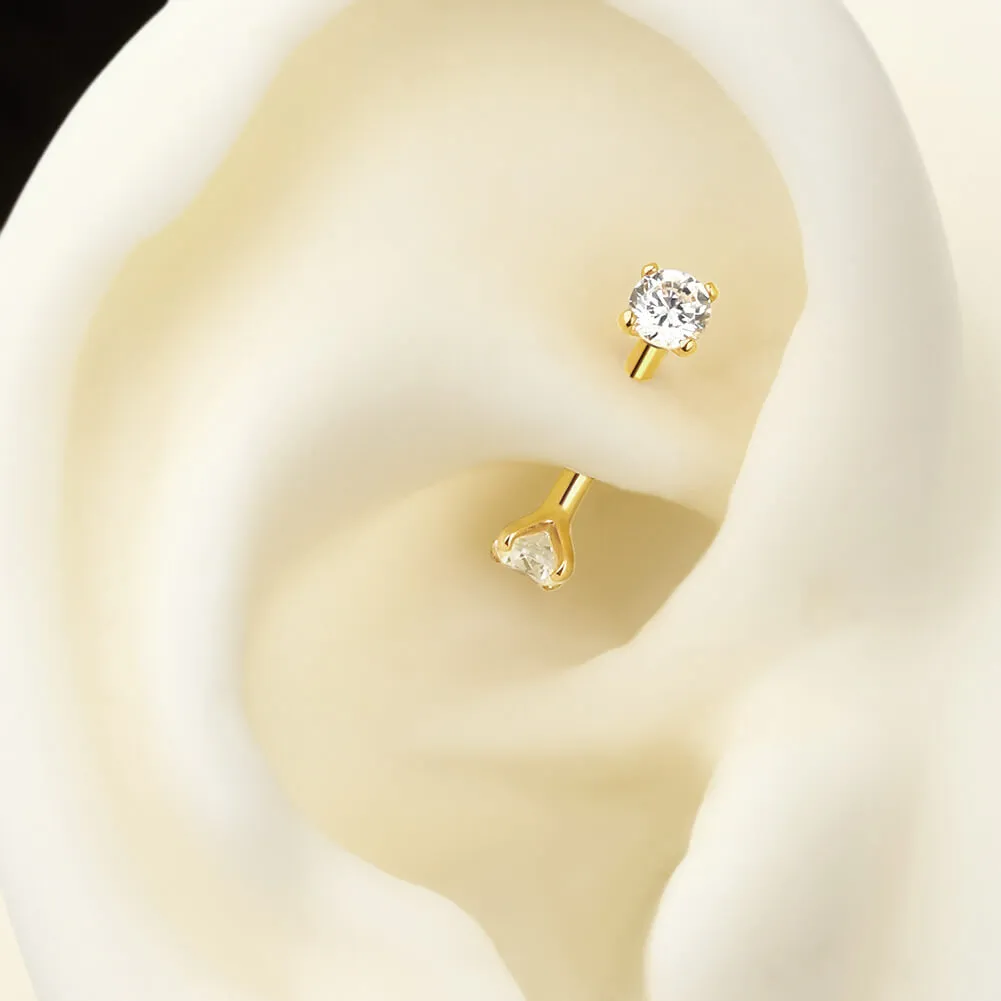 14K Gold 16G Clear CZ Eyebrow Ring Internally Threaded Rook Piercing