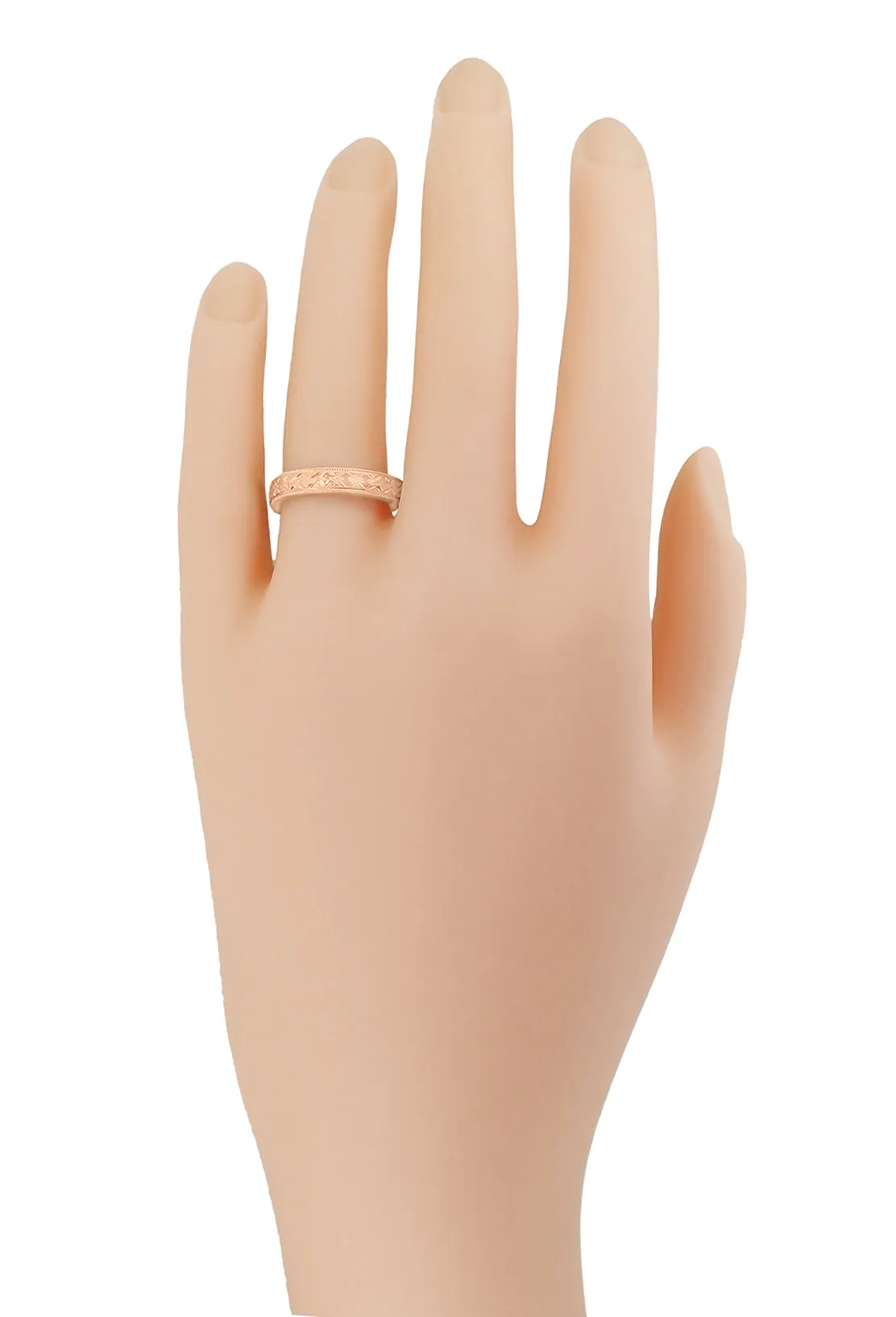 14K Rose Gold Mid Century Modern Carved Interlocking Chevrons Wedding Band - 4mm Wide