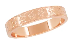14K Rose Gold Mid Century Modern Carved Interlocking Chevrons Wedding Band - 4mm Wide