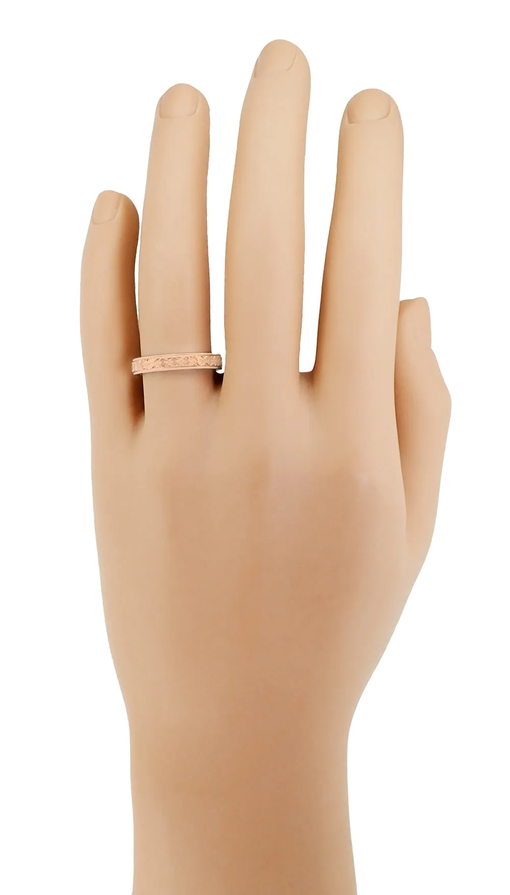 14K Rose Gold Mid Century Modern Carved Interlocking Chevrons Wedding Band - 4mm Wide