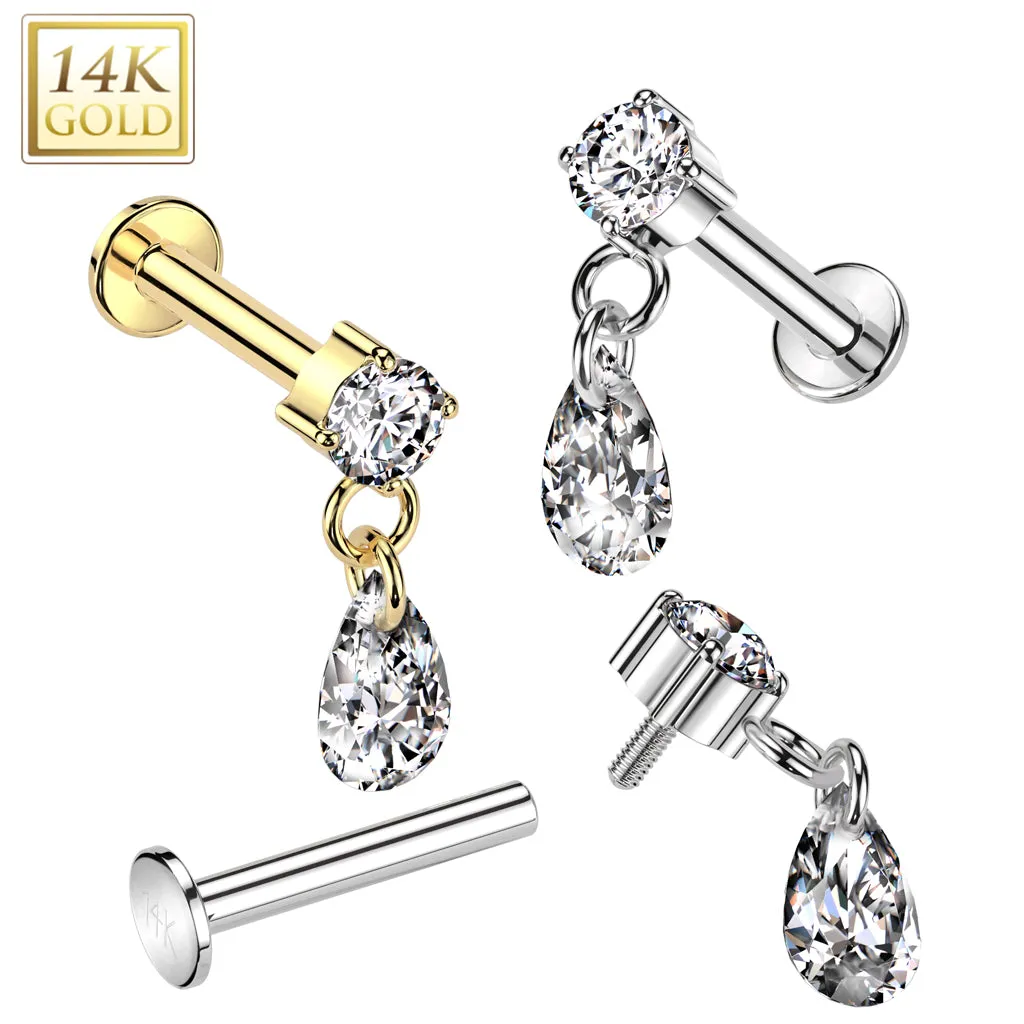 14K Solid Gold Internally Threaded Labret Tragus Stud CZ Teardrop Dangle Top