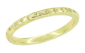 1930's 18K Yellow Gold Art Deco Thin Hand Carved Wheat Wedding Band