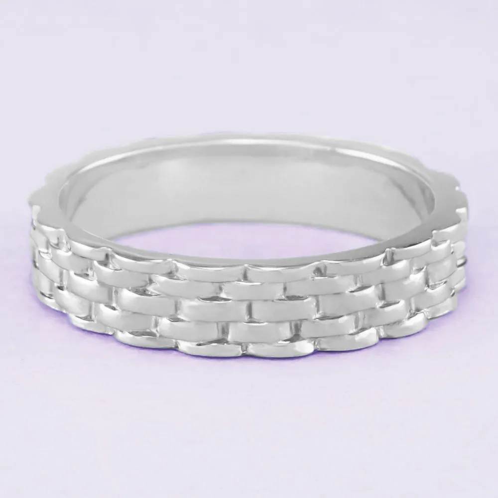 1960's Basket Weave Wedding Band in White Gold - 4mm Wide Vintage Design