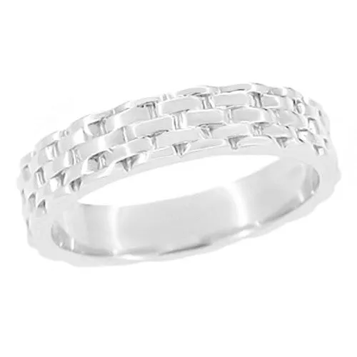 1960's Basket Weave Wedding Band in White Gold - 4mm Wide Vintage Design