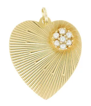 1960's Vintage Pearl Cluster Heart Pendant in 14 Karat Yellow Gold