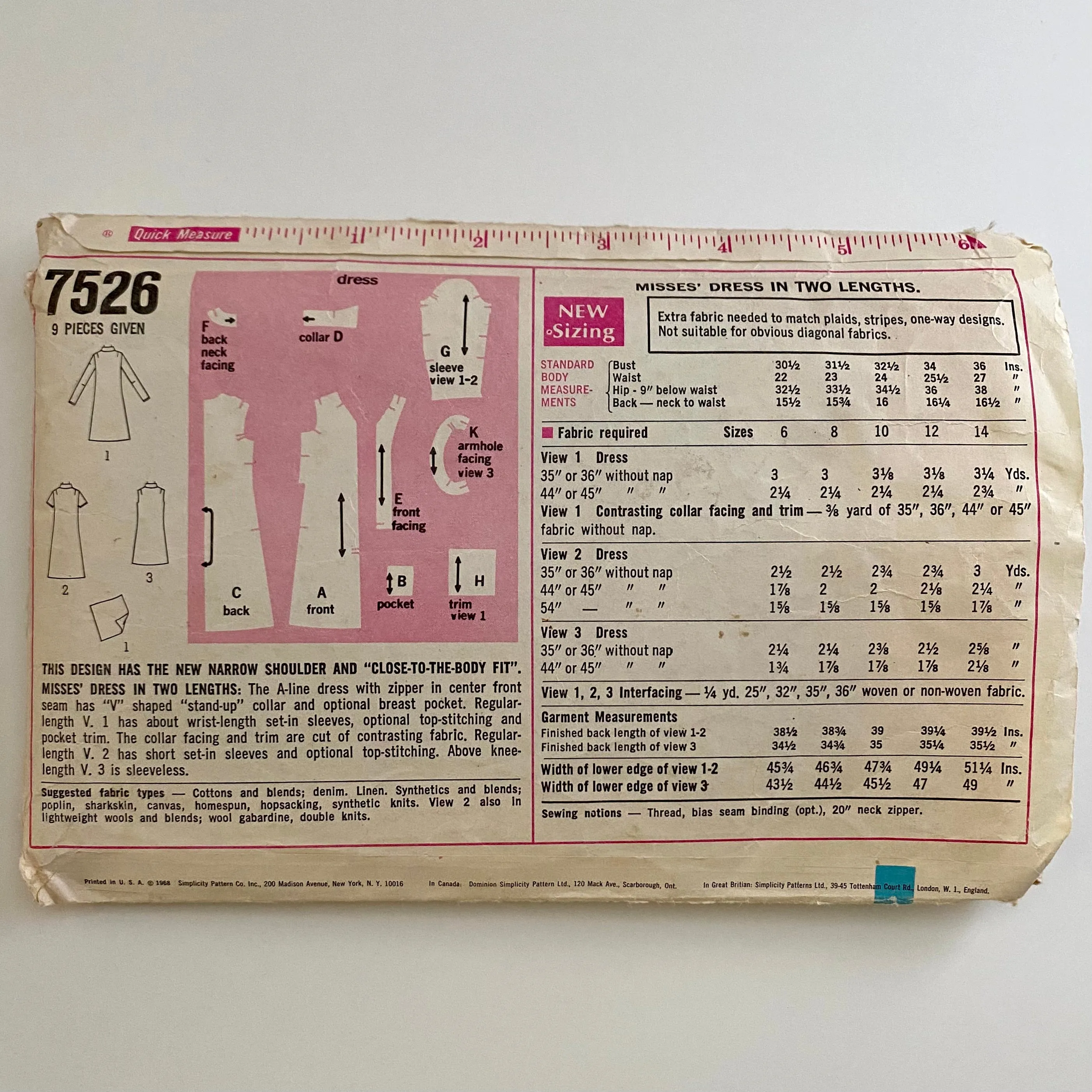 1968 Simplicity Dress Pattern 7526