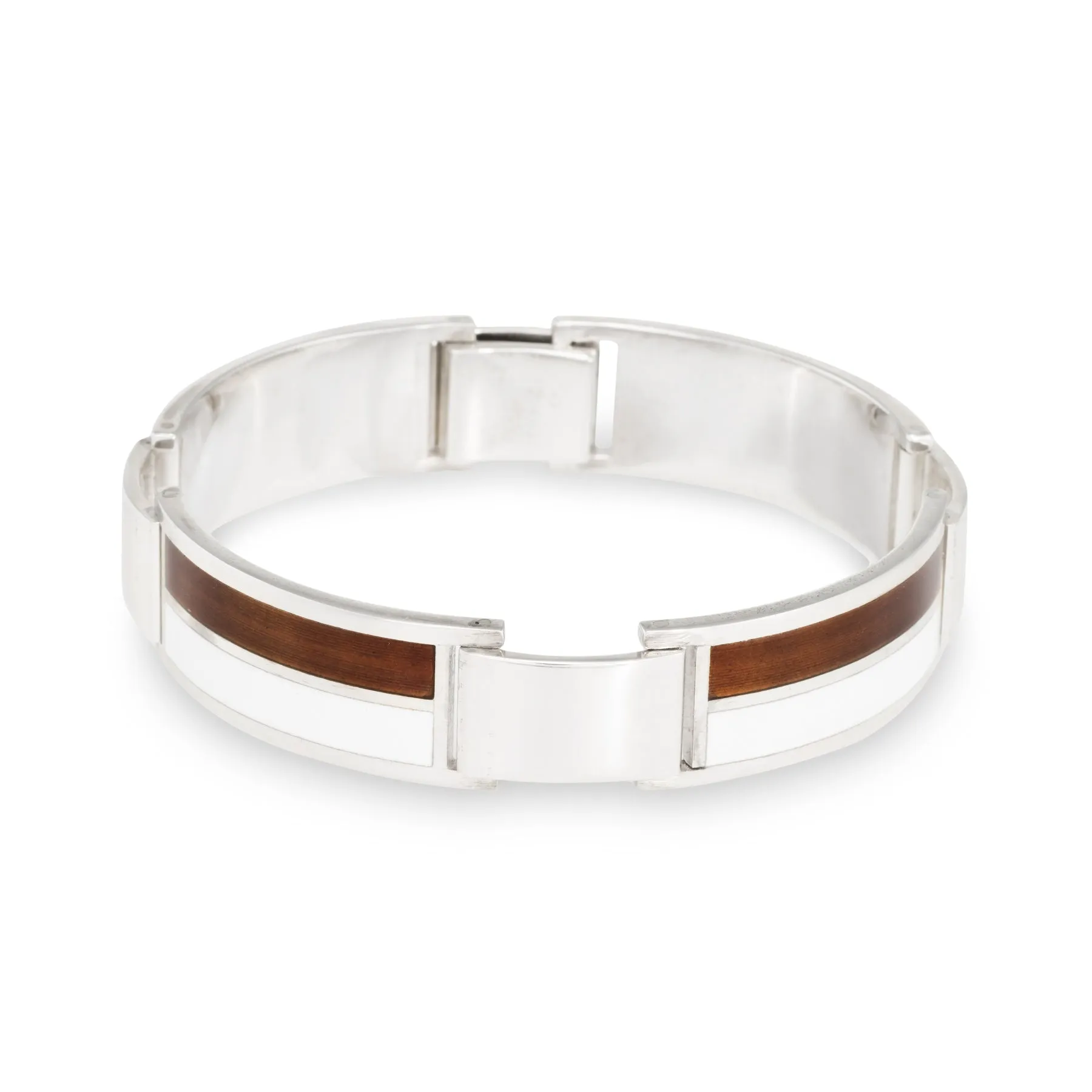 70s Gucci Vintage Enamel Sterling Silver Bracelet Brown White Signed Jewelry