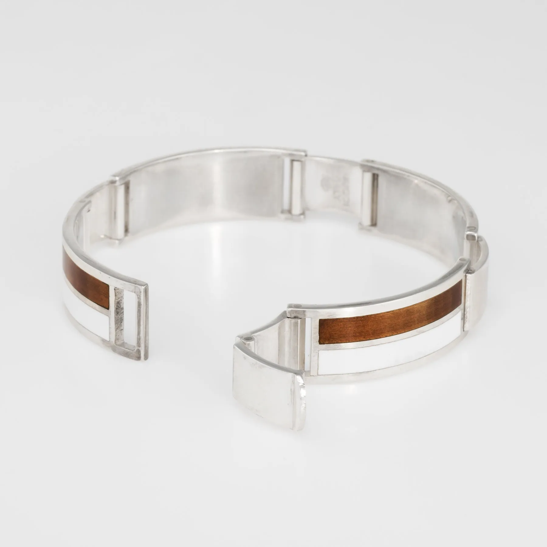 70s Gucci Vintage Enamel Sterling Silver Bracelet Brown White Signed Jewelry