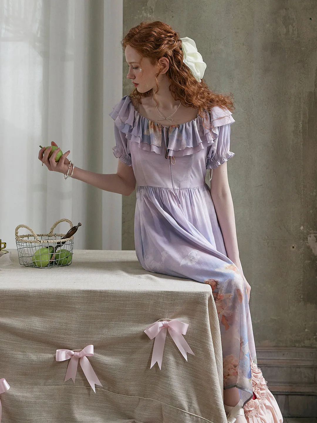 Alicia Exclusive Custom Angel Print Ruffle Collar Bow Puff Sleeve Dress