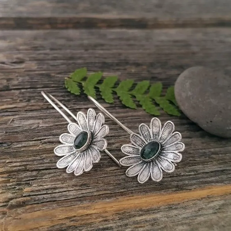 Antique Silver Flower Drop Earring for Women Wedding Jewelry
