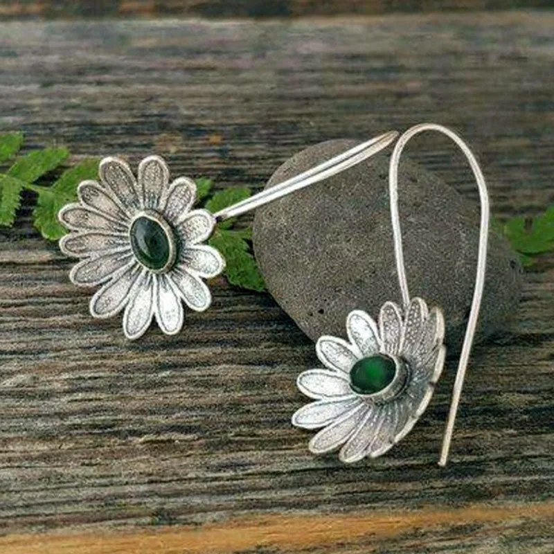 Antique Silver Flower Drop Earring for Women Wedding Jewelry