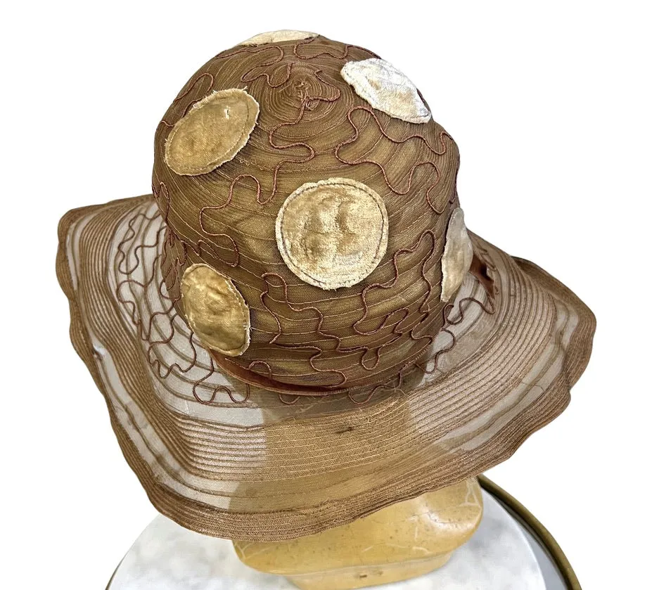Antique Womens Cloche Hat  920s Taupe Horsehair Wide Brim M Flapper Garden Party