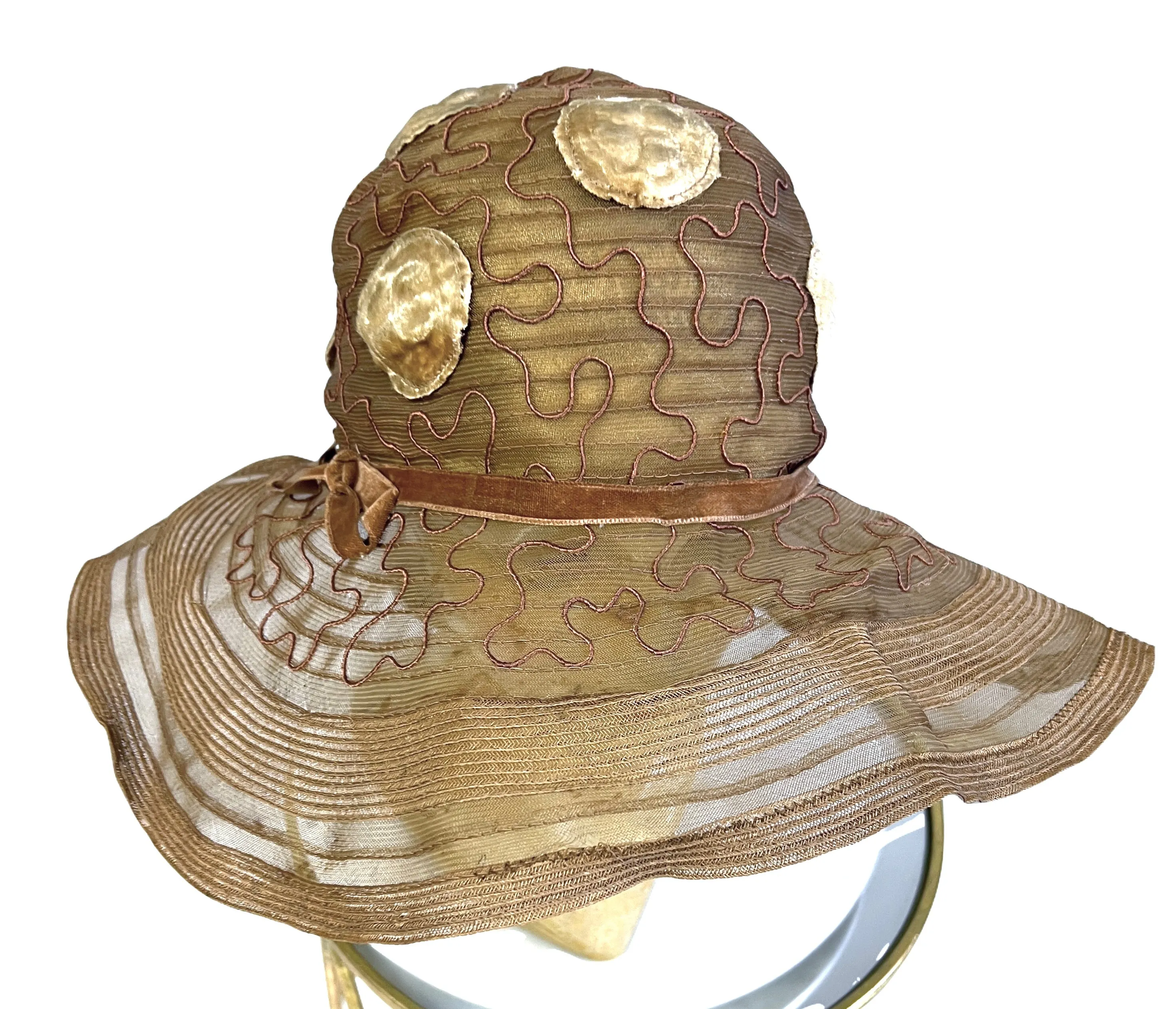 Antique Womens Cloche Hat  920s Taupe Horsehair Wide Brim M Flapper Garden Party