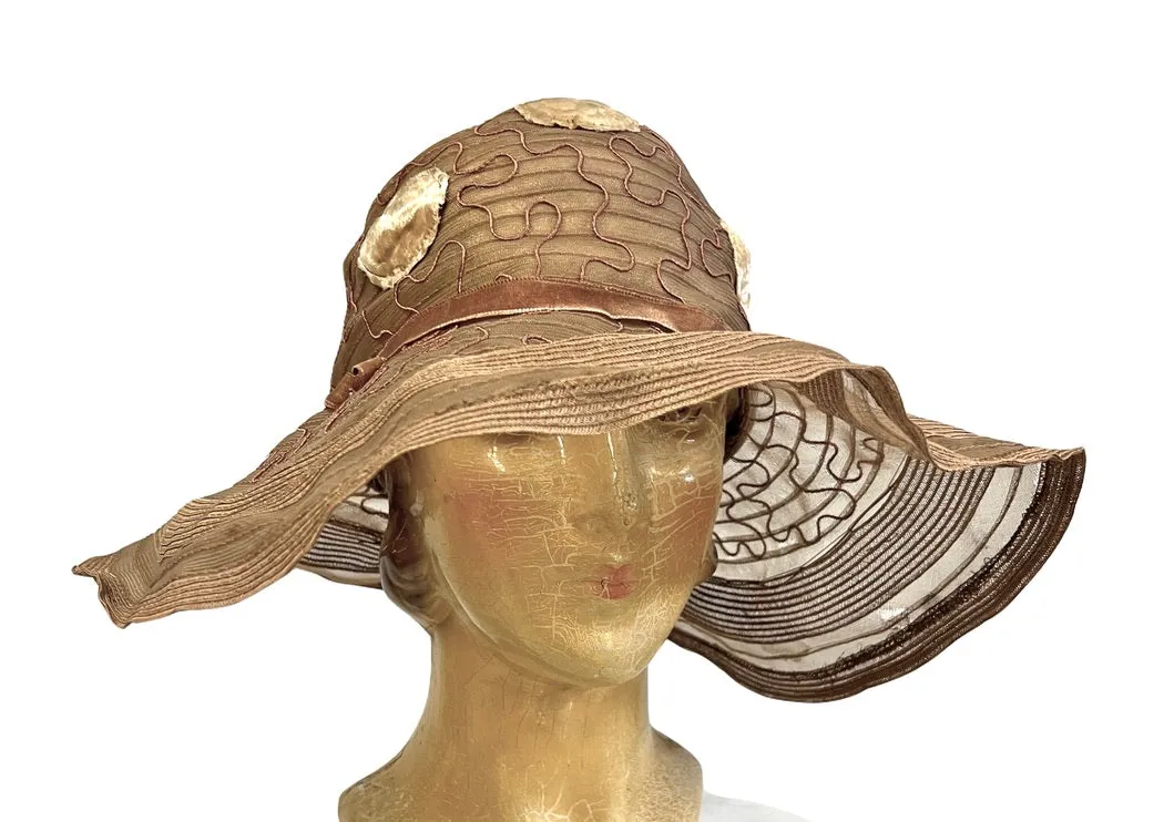 Antique Womens Cloche Hat  920s Taupe Horsehair Wide Brim M Flapper Garden Party
