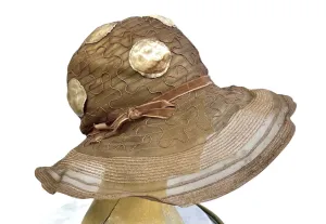 Antique Womens Cloche Hat  920s Taupe Horsehair Wide Brim M Flapper Garden Party