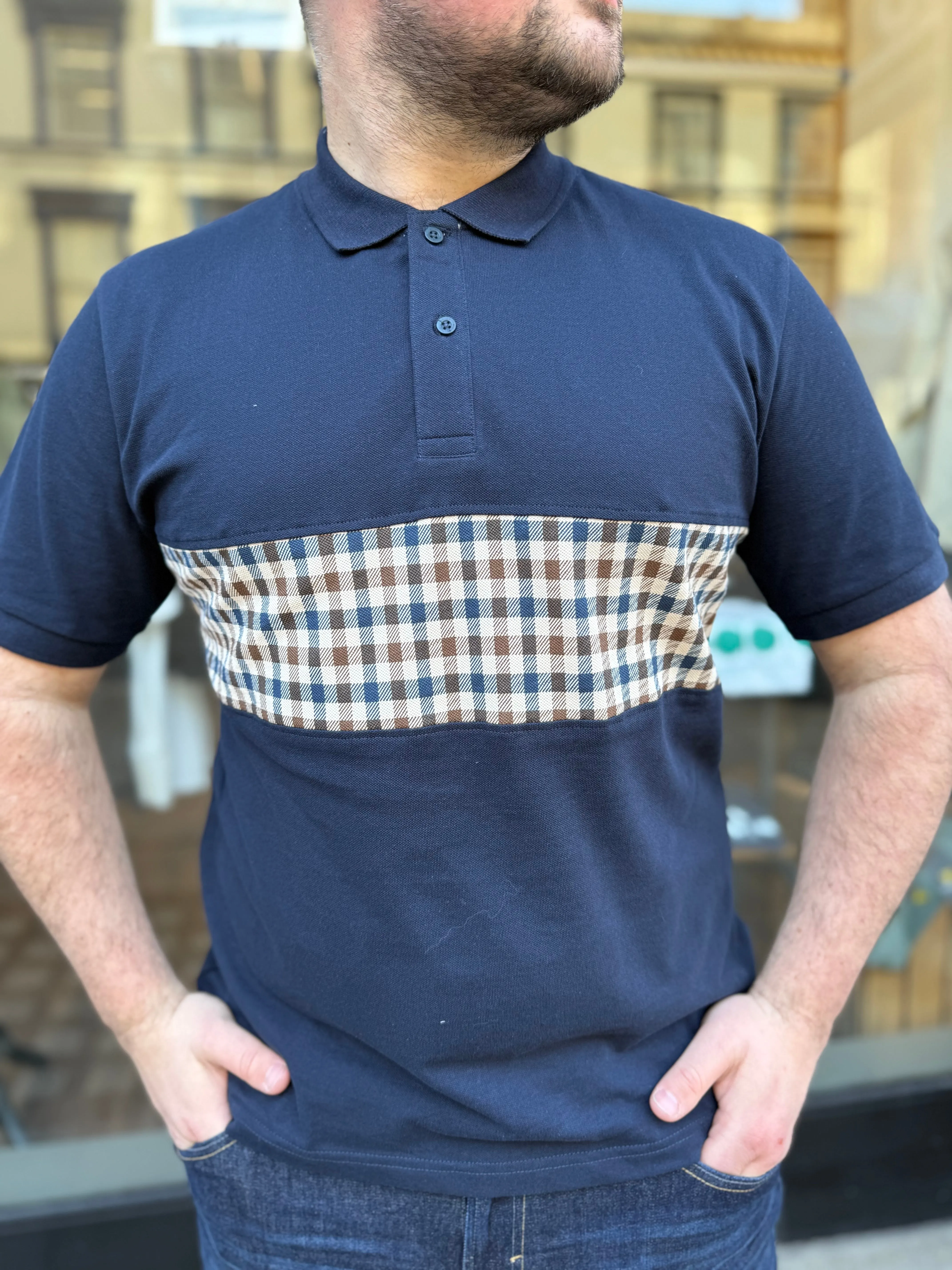 Aquascutum Club Check Stripe Polo Navy