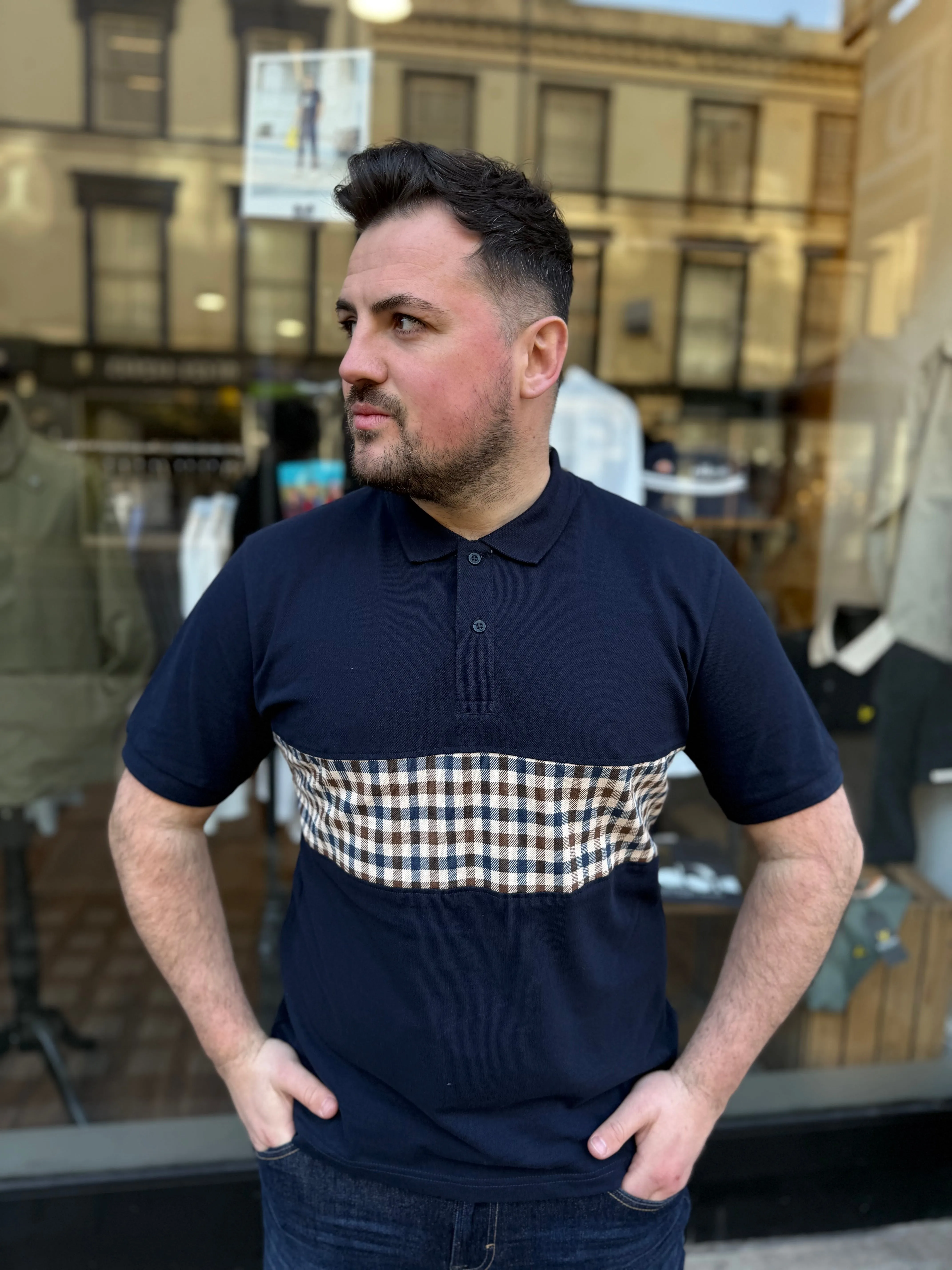Aquascutum Club Check Stripe Polo Navy