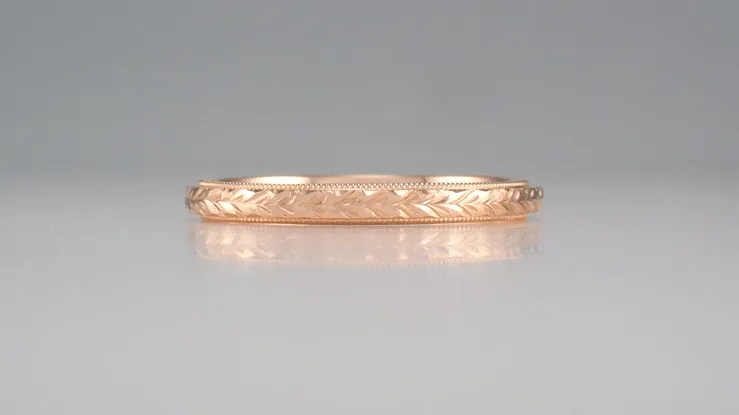Art Deco 2.5mm Wide Hand Carved Wheat Rose Gold Antique Design Domed Wedding Ring with Milgrain Edges