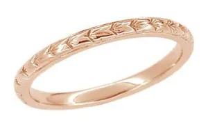 Art Deco 2mm Slender Engraved Wheat Wedding Band in 14 Karat Rose ( Pink ) Gold - 2mm