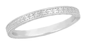 Art Deco Engraved Wheat Wedding Band in 14 Karat White Gold