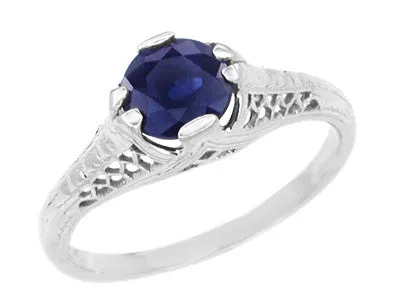 Art Deco Filigree Honeycomb Sapphire Engagement Ring in Platinum