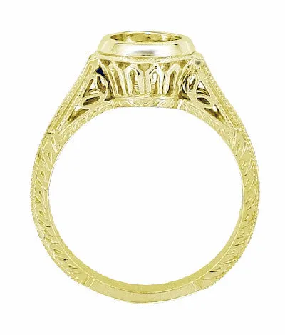 Art Deco Filigree Yellow Gold Low Profile Bezel Engagement Ring Setting for a 1 - 1.25 Carat Round Diamond | 14K or 18K