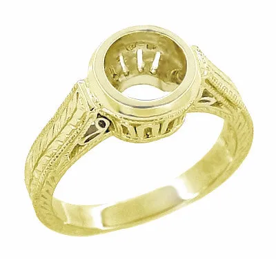 Art Deco Filigree Yellow Gold Low Profile Bezel Engagement Ring Setting for a 1 - 1.25 Carat Round Diamond | 14K or 18K