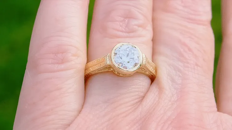 Art Deco Filigree Yellow Gold Low Profile Bezel Engagement Ring Setting for a 1 - 1.25 Carat Round Diamond | 14K or 18K