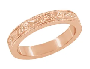 Art Deco Flowers and Leaves Millgrain Edged 4mm Wide Vintage Style 14K Rose Gold Wedding Band