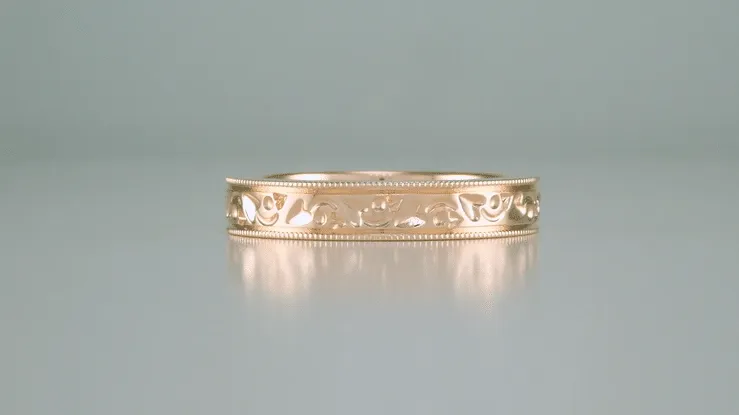 Art Deco Flowers and Leaves Millgrain Edged 4mm Wide Vintage Style 14K Rose Gold Wedding Band