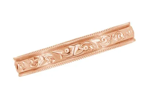 Art Deco Flowers and Leaves Millgrain Edged 4mm Wide Vintage Style 14K Rose Gold Wedding Band