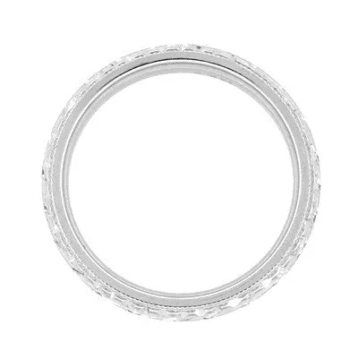 Art Deco Millgrain Edged Hand Engraved Wheat Wedding Ring in White Gold | 4mm Wide