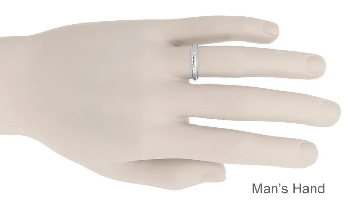 Art Deco Millgrain Edged Hand Engraved Wheat Wedding Ring in White Gold | 4mm Wide