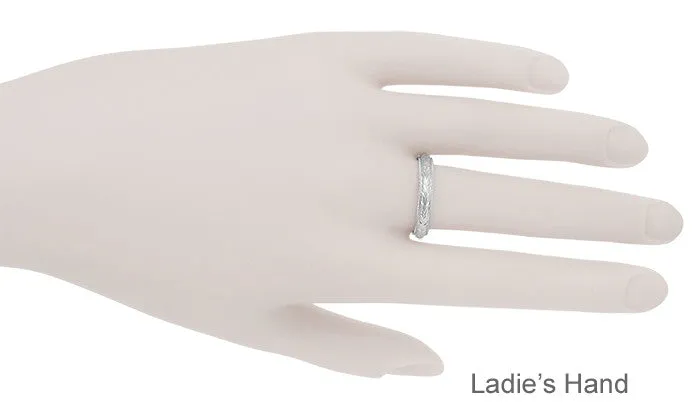 Art Deco Millgrain Edged Hand Engraved Wheat Wedding Ring in White Gold | 4mm Wide