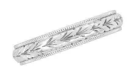 Art Deco Millgrain Edged Hand Engraved Wheat Wedding Ring in White Gold | 4mm Wide