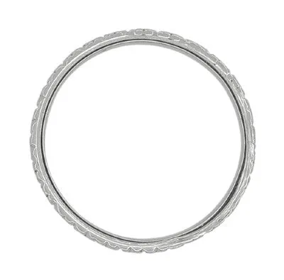 Art Deco Square Flowers Millgrain Edged Antique Reissue Wedding Band in White Gold - 3.5mm Wide