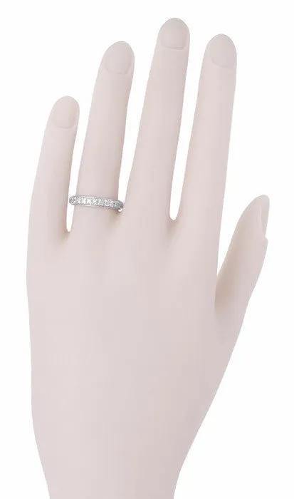 Art Deco Square Flowers Millgrain Edged Antique Reissue Wedding Band in White Gold - 3.5mm Wide