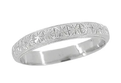 Art Deco Square Flowers Millgrain Edged Antique Reissue Wedding Band in White Gold - 3.5mm Wide