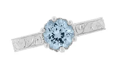 Art Deco Sterling Silver Antique Sky Blue Topaz Crown Promise Ring - Filigree Scroll Engraved