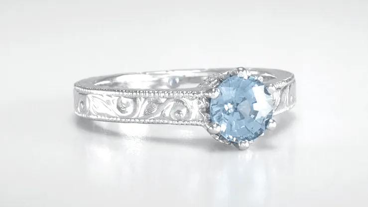Art Deco Sterling Silver Antique Sky Blue Topaz Crown Promise Ring - Filigree Scroll Engraved