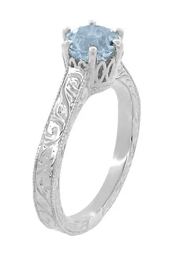 Art Deco Sterling Silver Antique Sky Blue Topaz Crown Promise Ring - Filigree Scroll Engraved