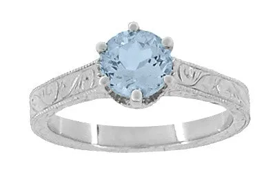 Art Deco Sterling Silver Antique Sky Blue Topaz Crown Promise Ring - Filigree Scroll Engraved