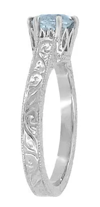 Art Deco Sterling Silver Antique Sky Blue Topaz Crown Promise Ring - Filigree Scroll Engraved