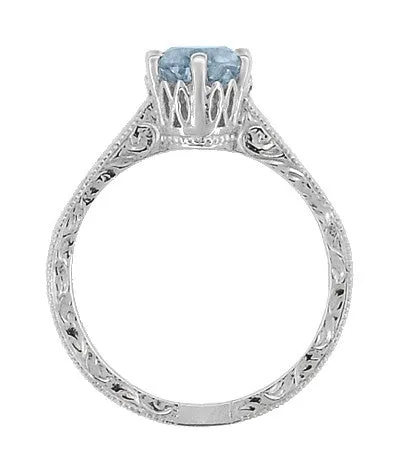 Art Deco Sterling Silver Antique Sky Blue Topaz Crown Promise Ring - Filigree Scroll Engraved