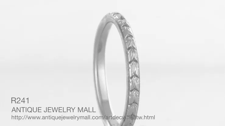 Art Deco Thin Engraved Wheat Wedding Band in 14 Karat White Gold